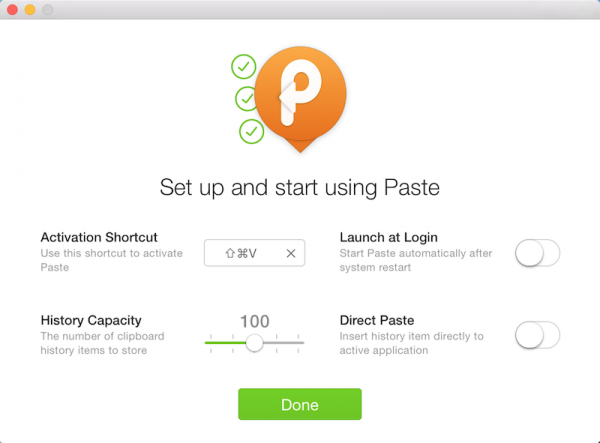 「Paste」初期設定画面