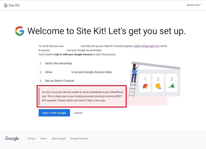 WordPressにGoogle公式プラグイン「Site Kit by Google」をセットアップしようとすると発生するエラー